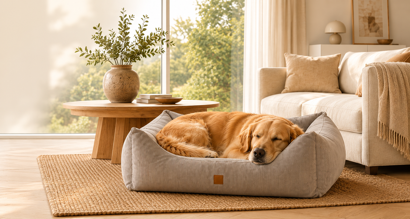 Panier pour chien dans un salon lumineux